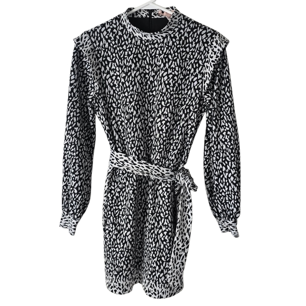 Hutch Long Sleeve Spotted Mini Dress Size XS Ruffles Tie Waist Mock Neck Pockets - Picture 2 of 16